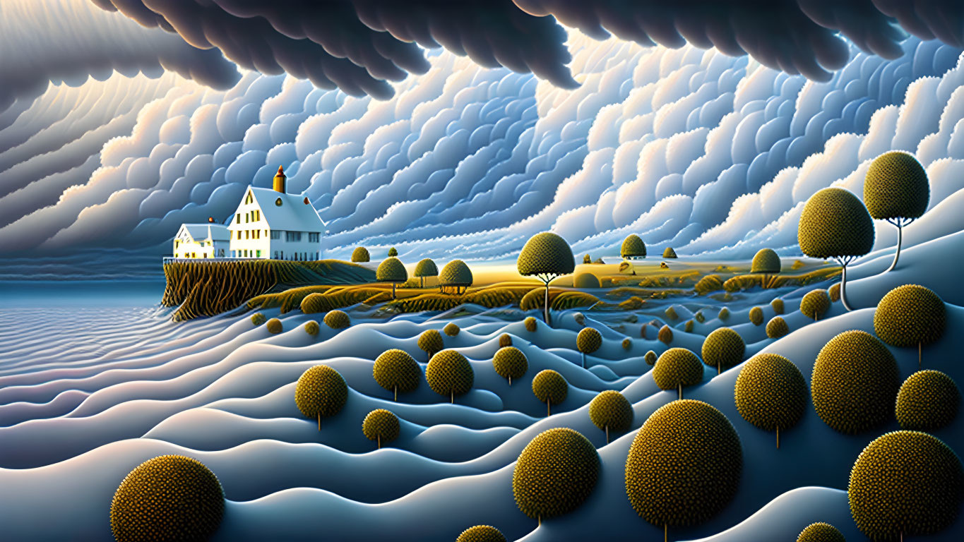 Surreal landscape with lone house, rounded trees, undulating fields