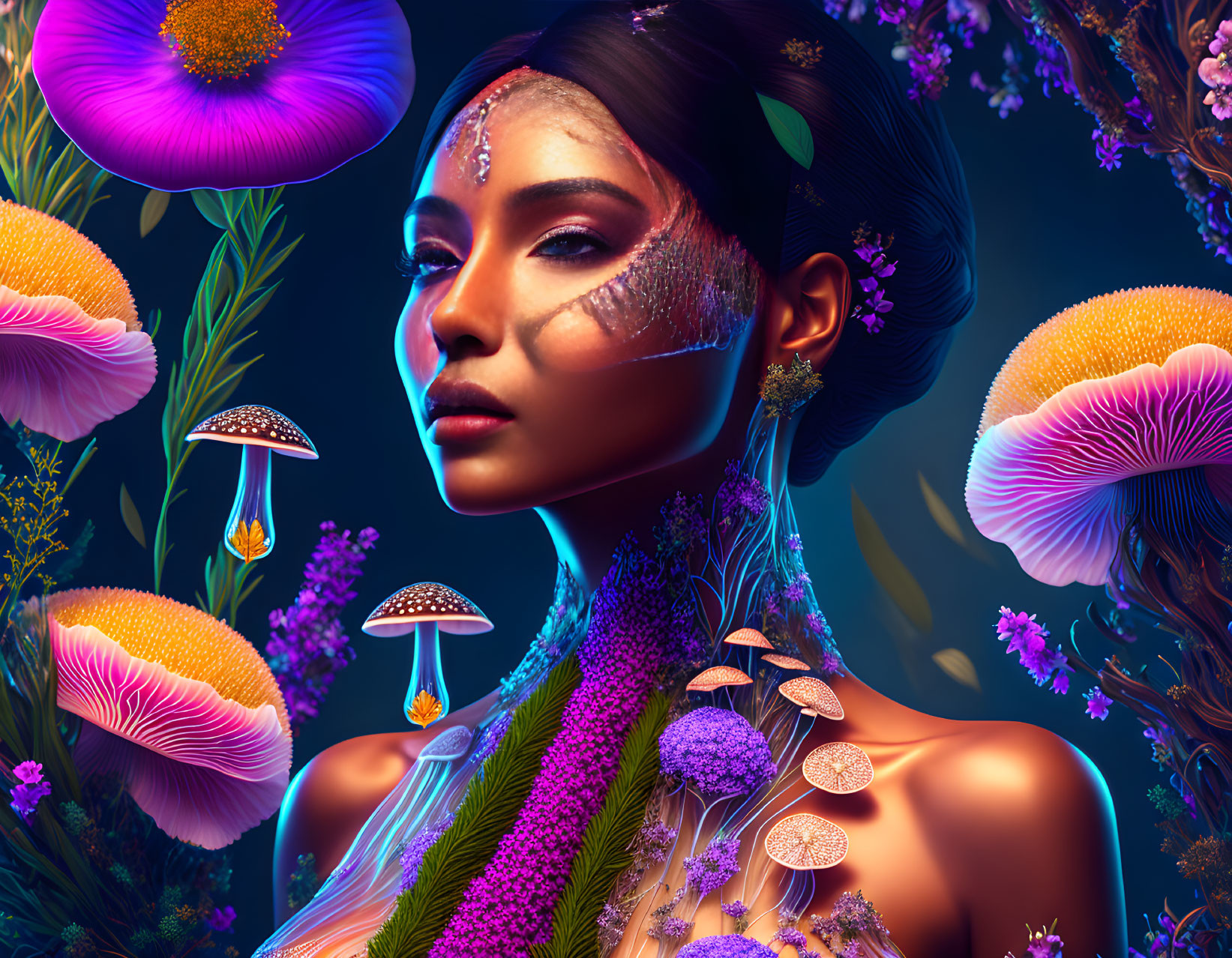 Vibrant bioluminescent mushrooms adorn woman in surreal portrait