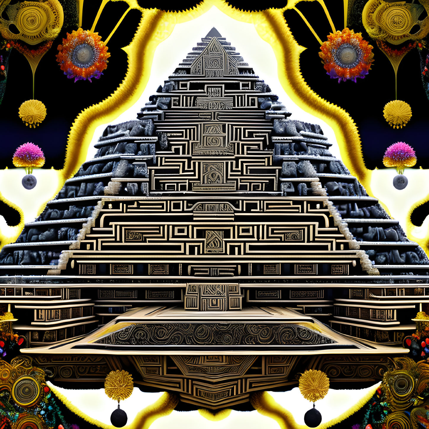 Symmetrical abstract art: Black and gold pyramid with colorful fractals