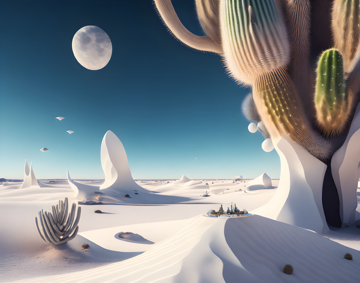 Surreal desert landscape with oversized cacti and oasis