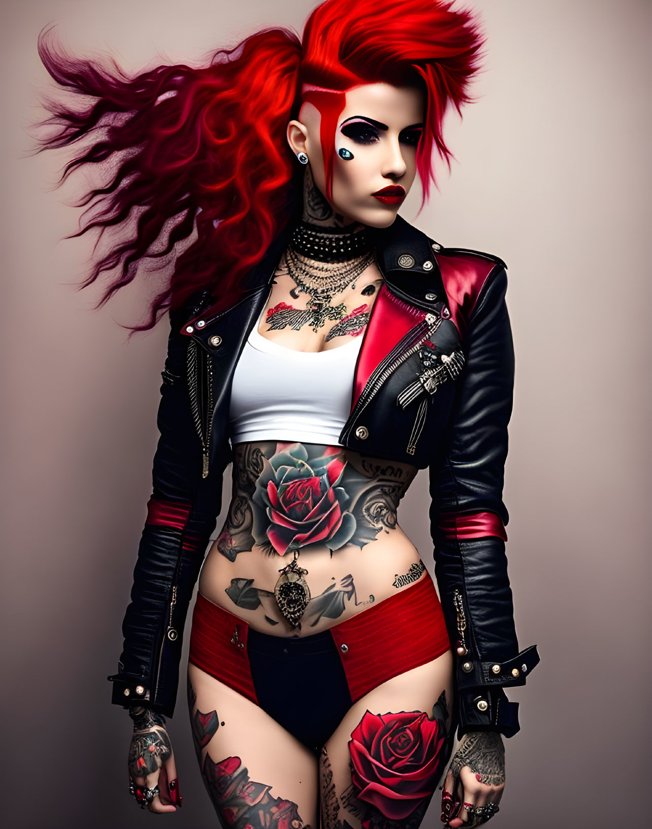 Vibrant red hair, dramatic makeup, tattoos, leather jacket on gray background