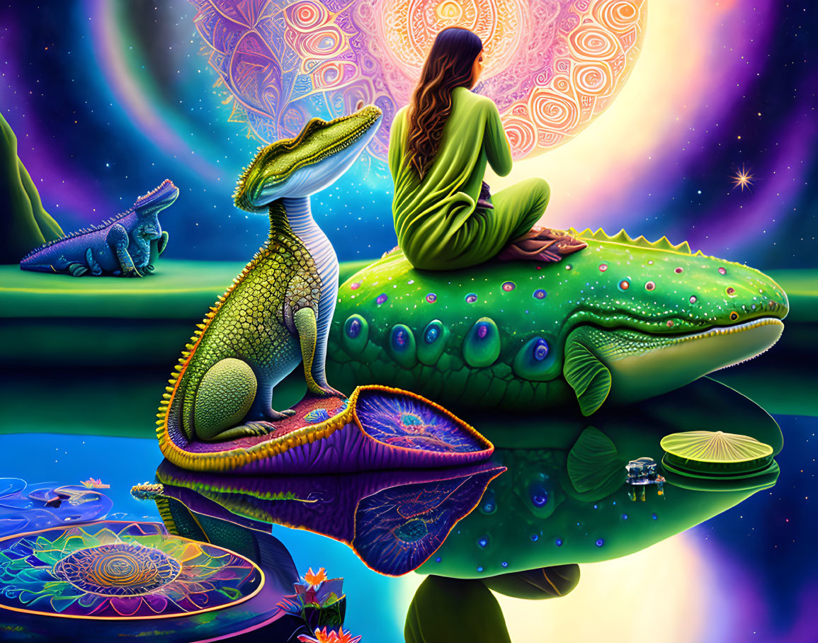 Person riding oversized chameleon in psychedelic landscape