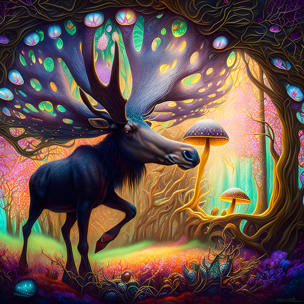 Colorful Moose Illustration with Fantastical Antlers in Enchanted Forest