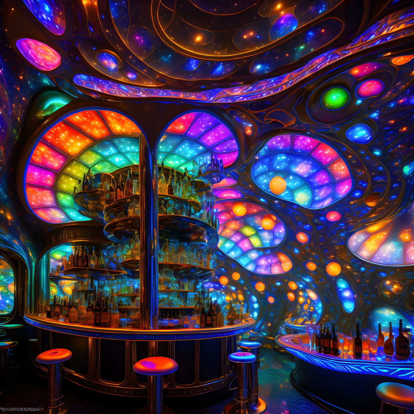 Colorful Psychedelic Bar with Stained Glass Ceiling & Glowing Fountain