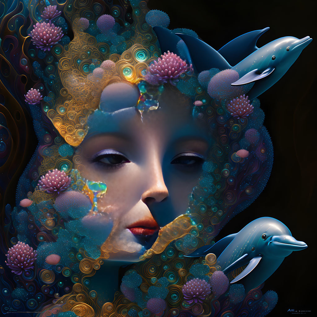 Surrealist digital artwork: Woman's face in water with dolphins, floral patterns, celestial motifs