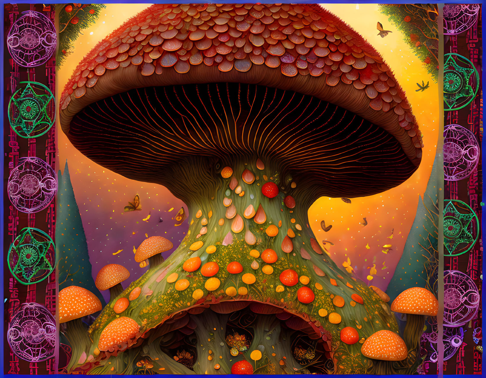 Colorful fantasy mushroom illustration with intricate patterns and smaller mushrooms in a starry sky.