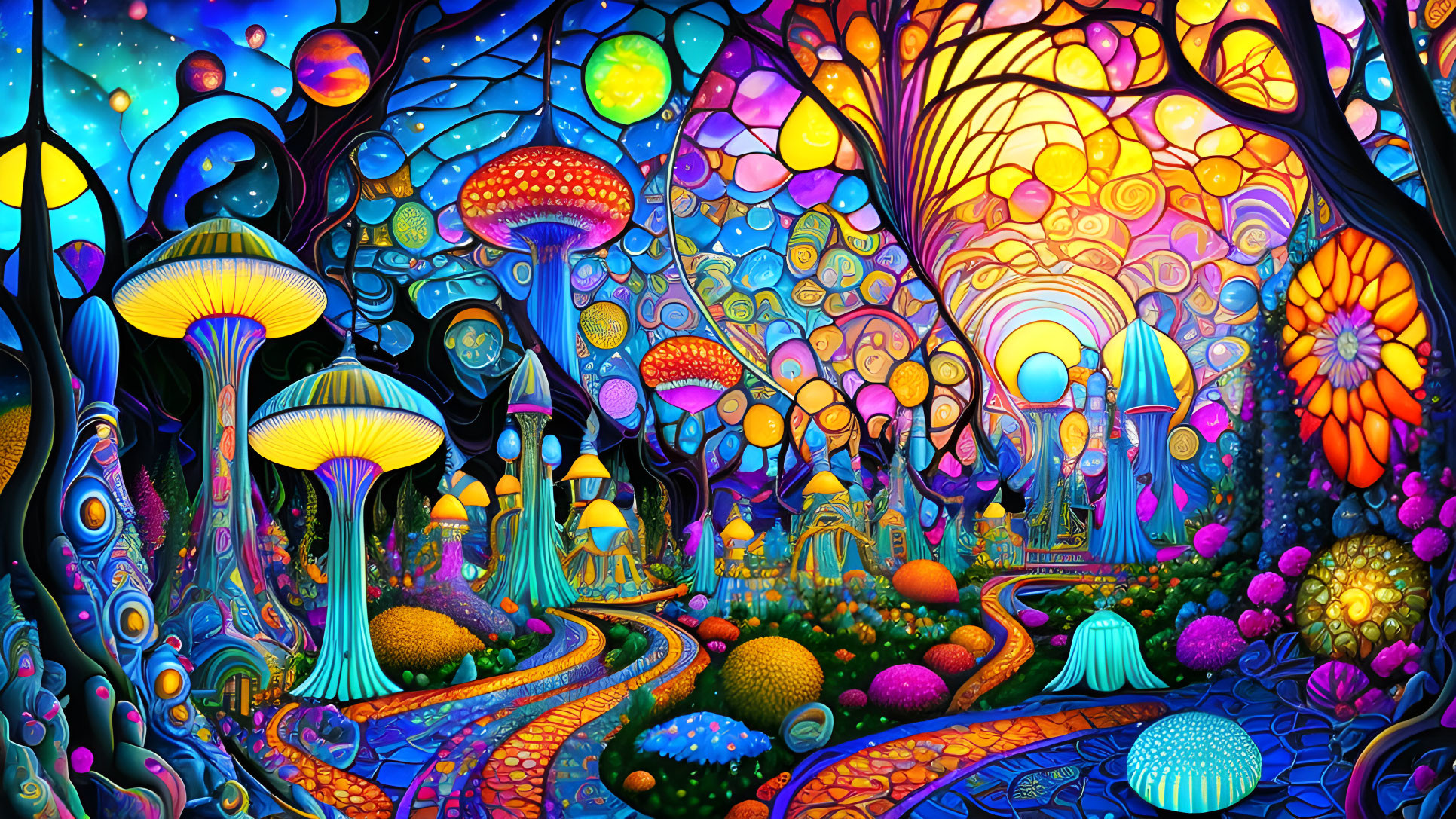 Colorful psychedelic mushrooms and fantasy landscape with glowing orbs