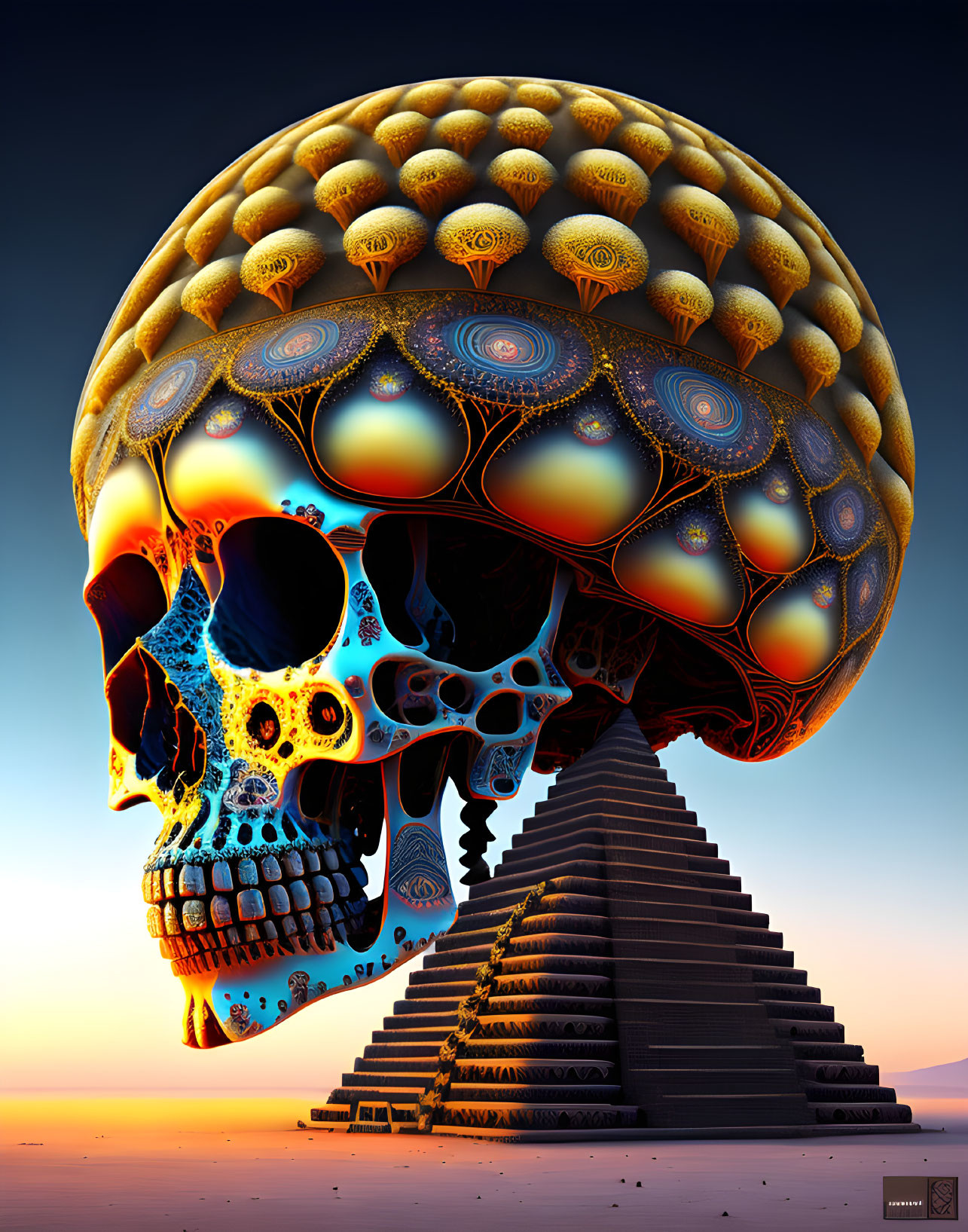 Skull with patterned brain on pyramid under twilight sky