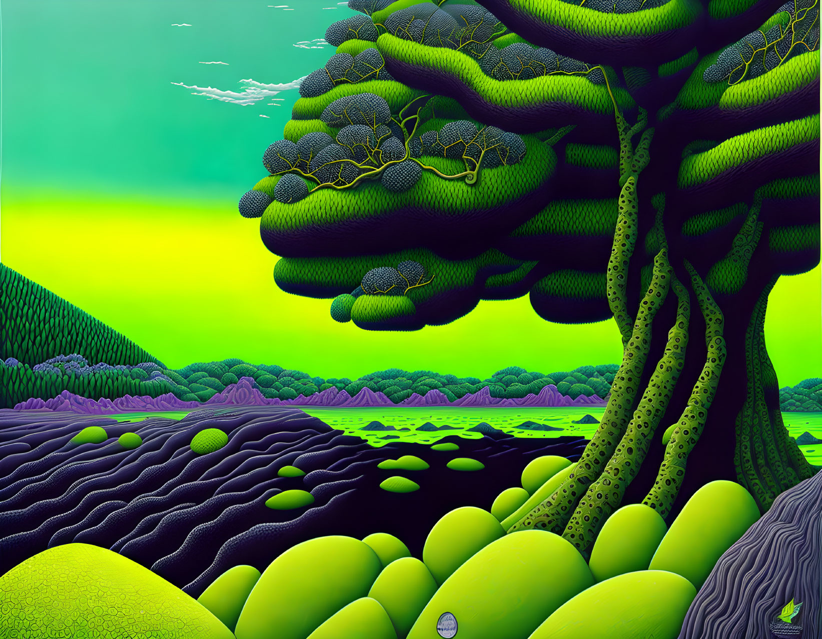 Surreal landscape with colossal tree, undulating hills, and greenish sky