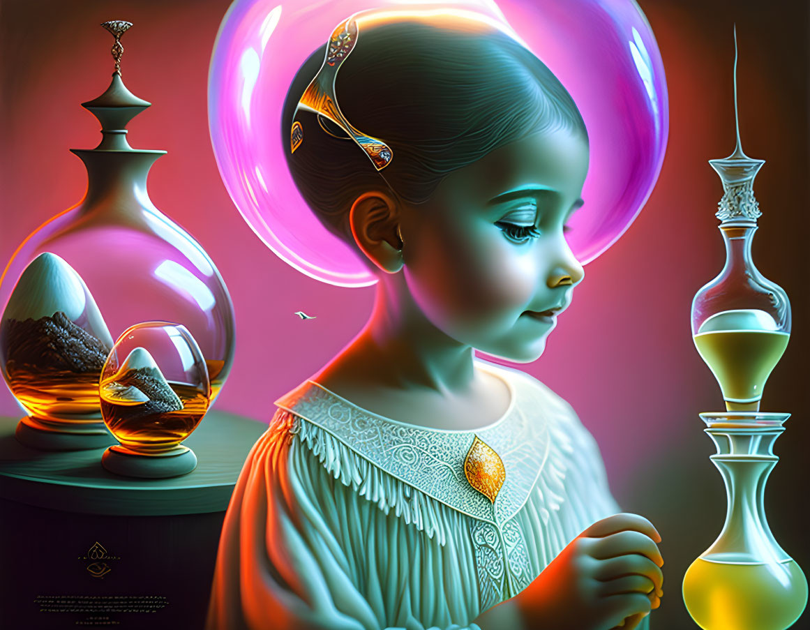 Colorful digital artwork: young girl with glowing accessories and glassware in surreal light