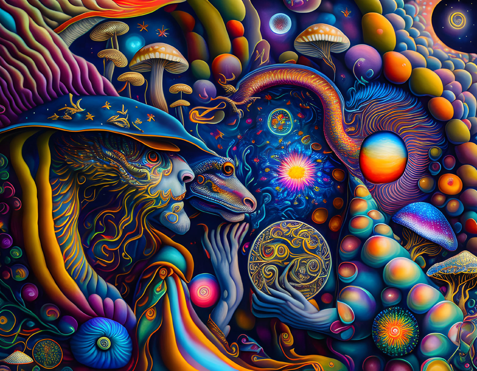 Colorful Psychedelic Art with Dragon-like Creatures and Mushrooms