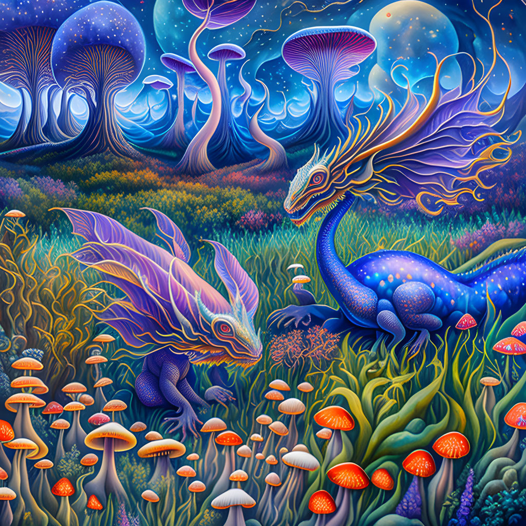 Colorful Psychedelic Artwork: Blue-Purple Dragons, Mushrooms, and Starry Sky