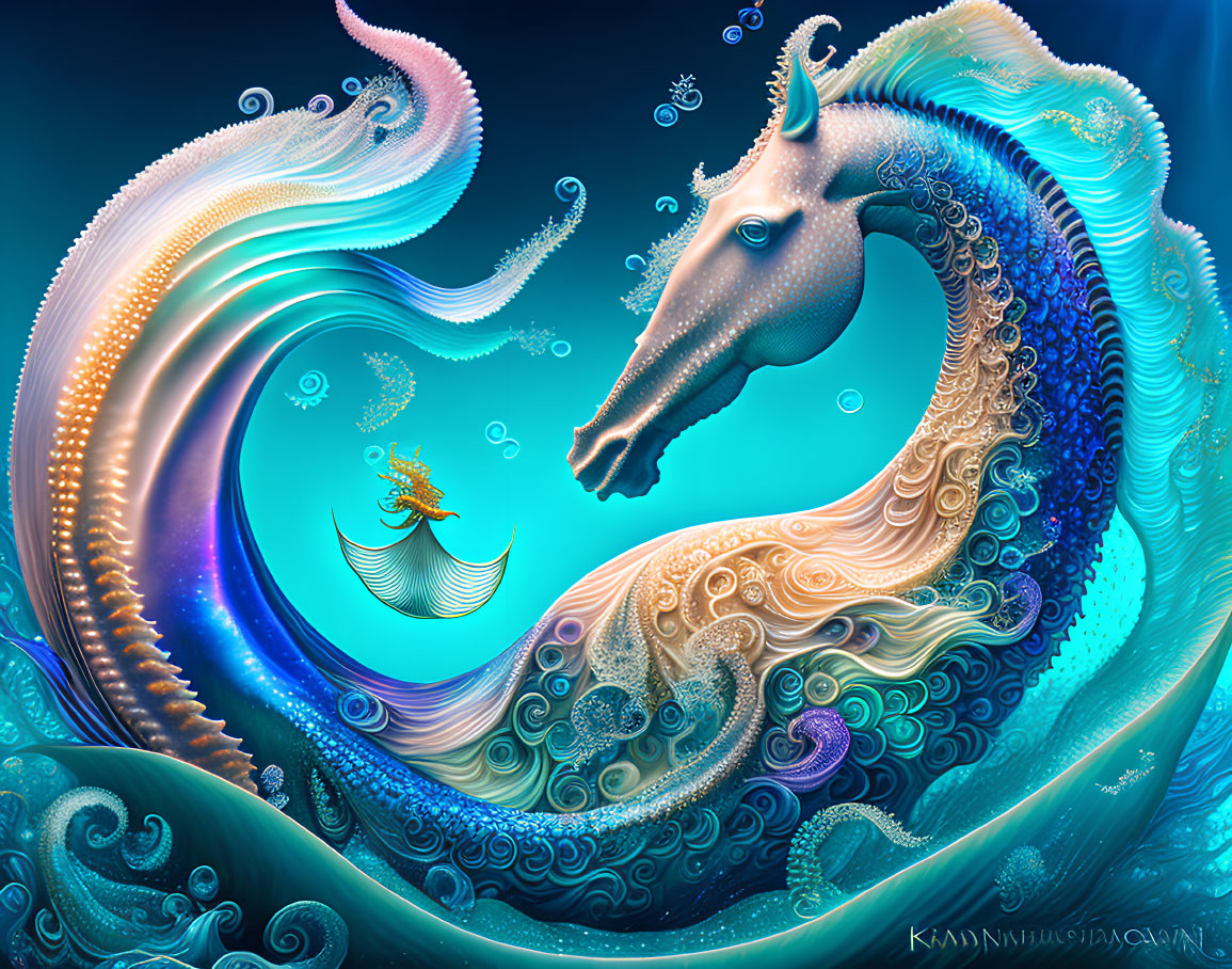 Vibrant digital artwork: Mythical sea creature with swirling patterns