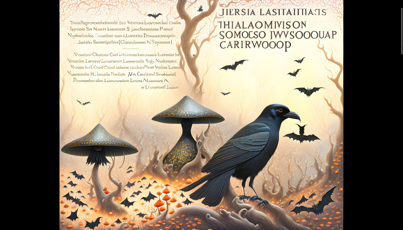 Illustrated autumn scene with mushrooms, raven, bats, and scientific names.