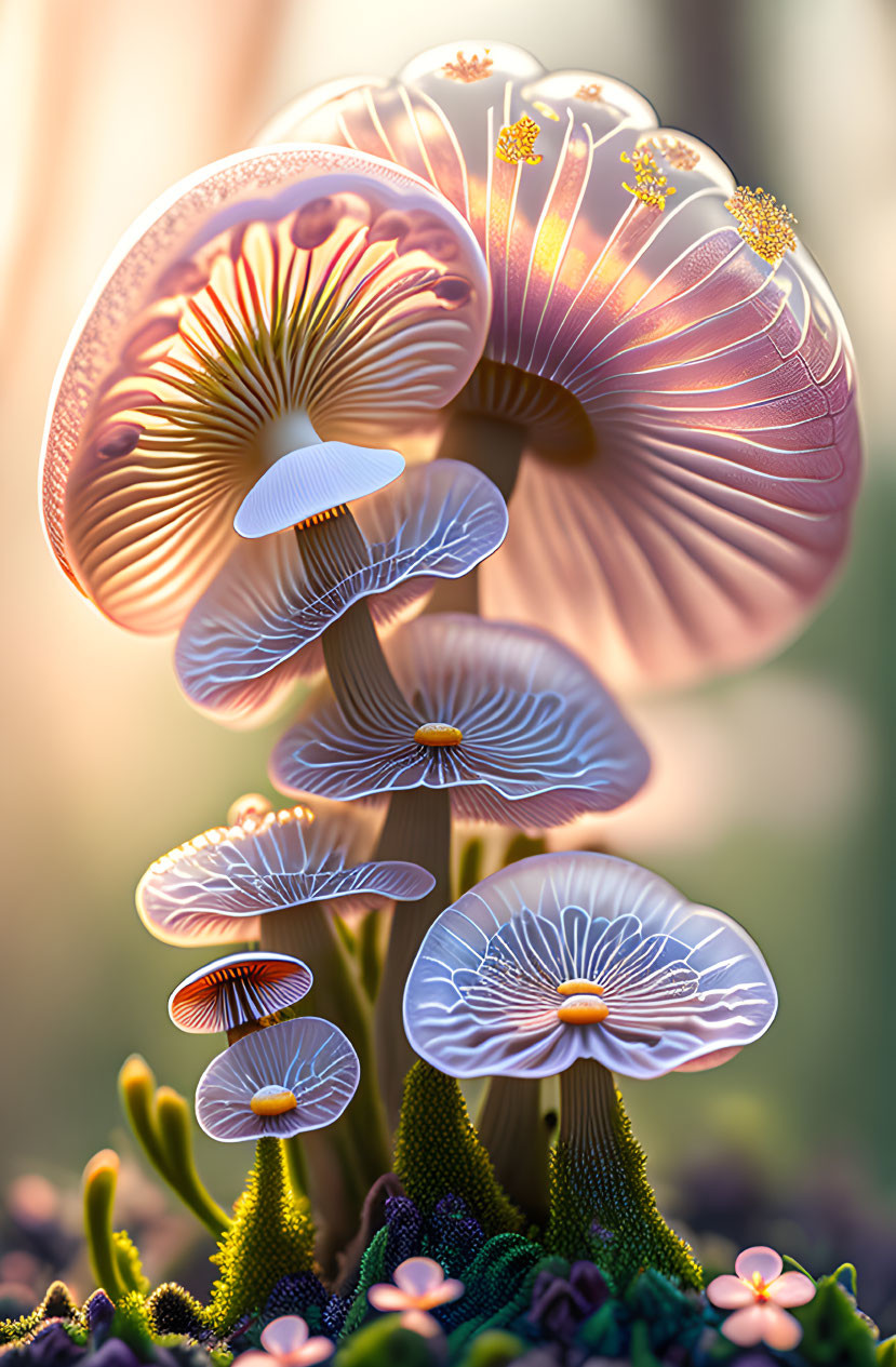 Translucent mushrooms with glowing edges in magical forest scene