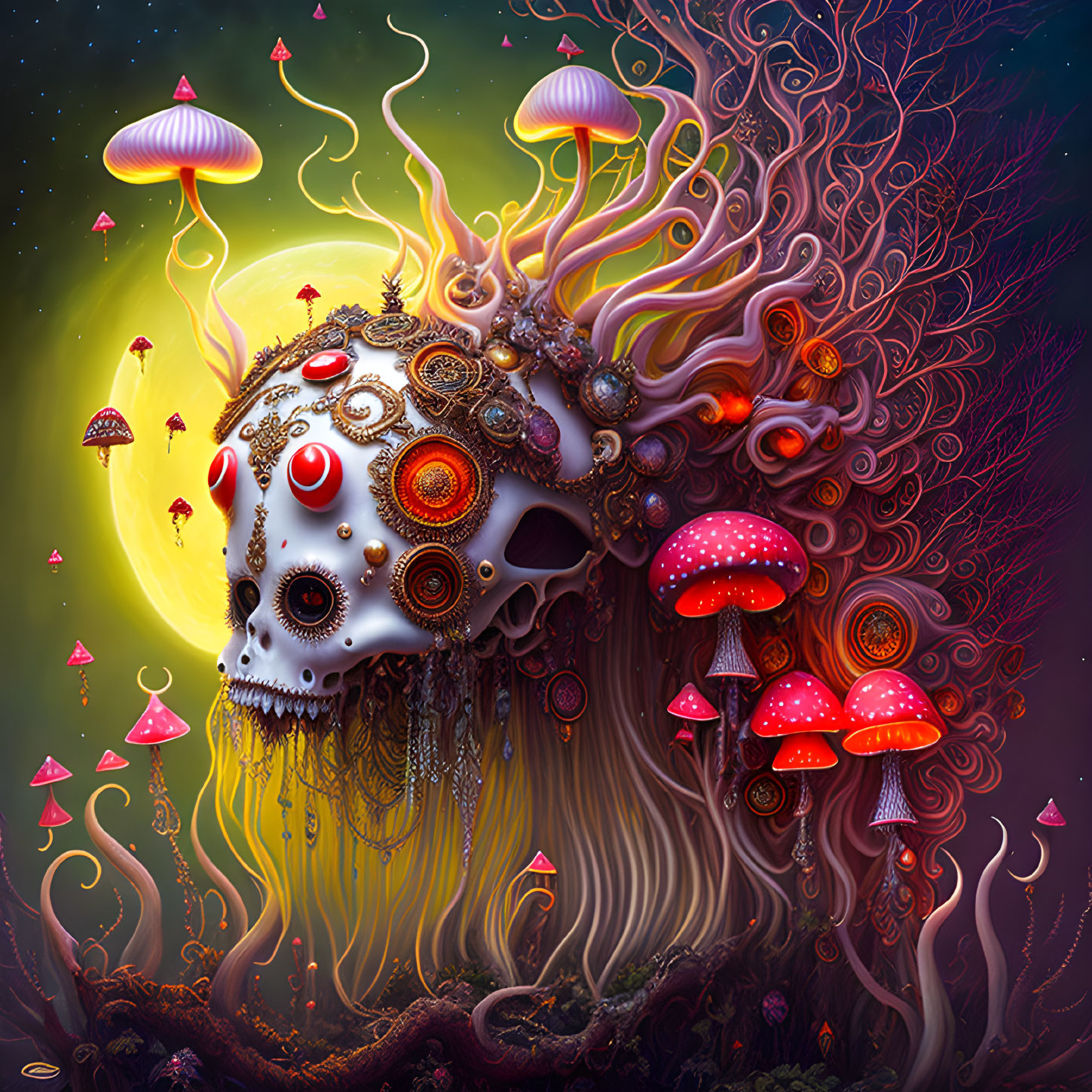 Surreal artwork featuring skull with gears and jewelry among fantastical mushrooms and glowing plants at twilight