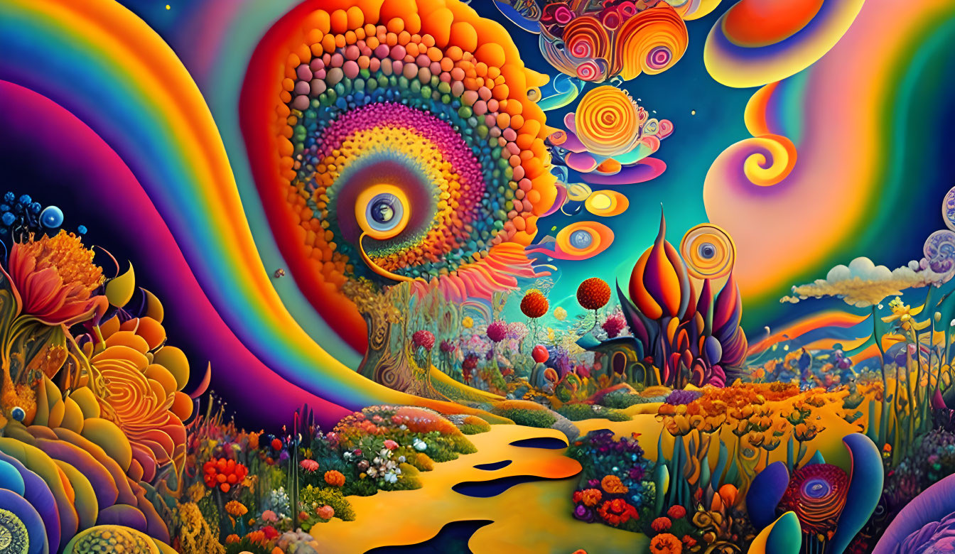 Colorful Psychedelic Landscape with Whimsical Tree and Eye in Swirling Sky