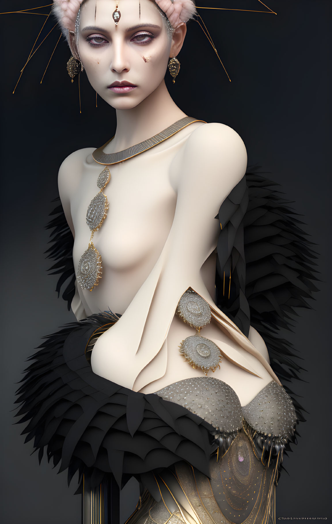 Stylized portrait of pale-skinned female in golden and black feathered attire and intricate jewelry.