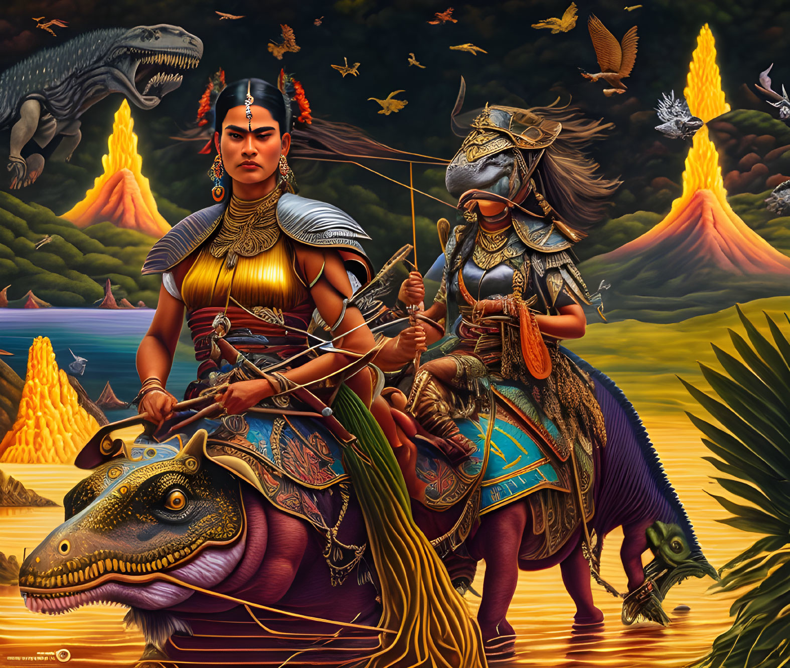 Warrior woman riding dinosaur in vibrant jungle with erupting volcanoes