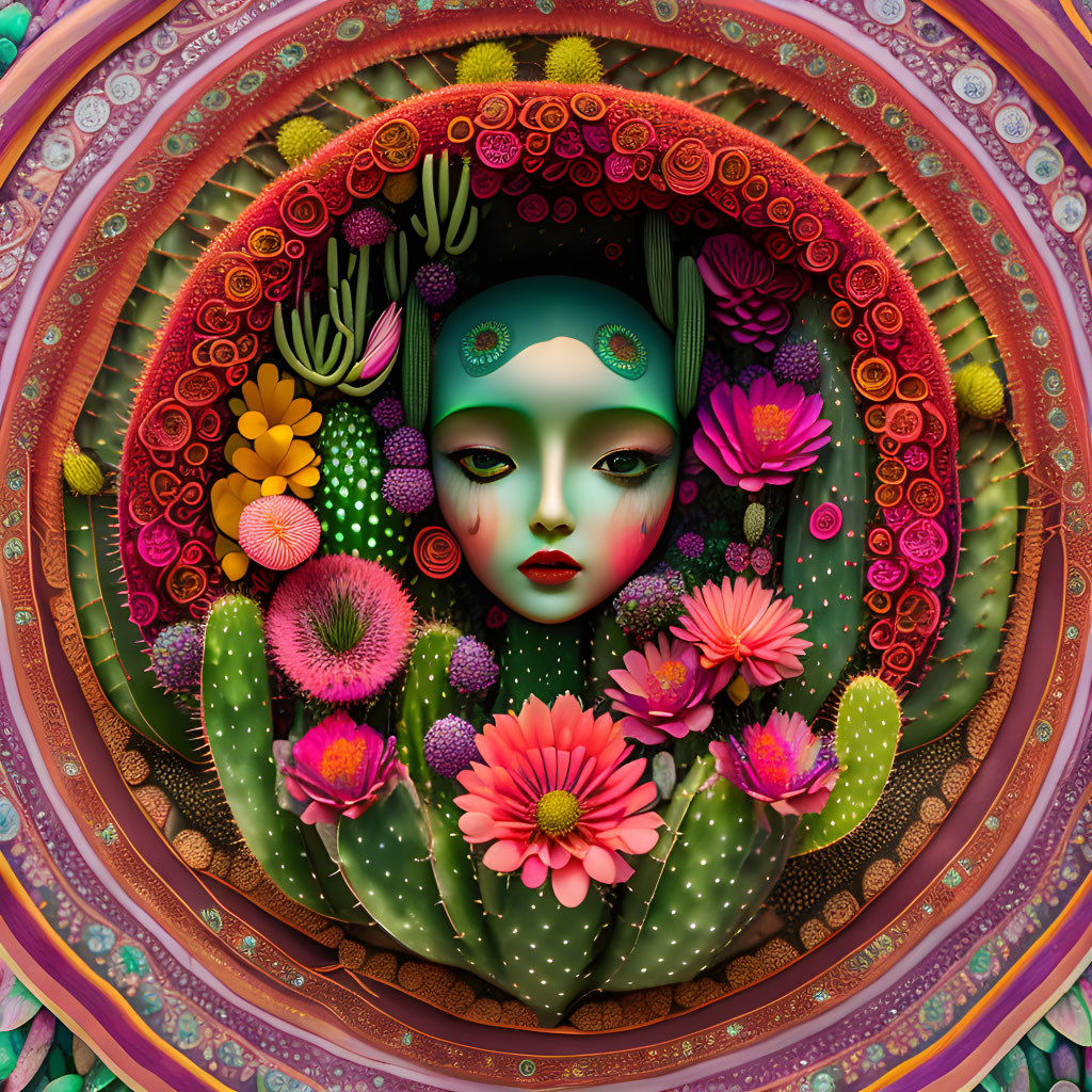 Colorful Stylized Female Figure Among Cacti and Flowers