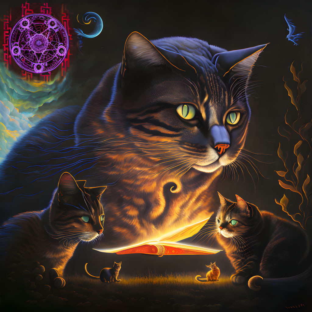 Fantastical artwork of giant tabby cat with glowing green eyes surrounded by smaller cats, magical symbols