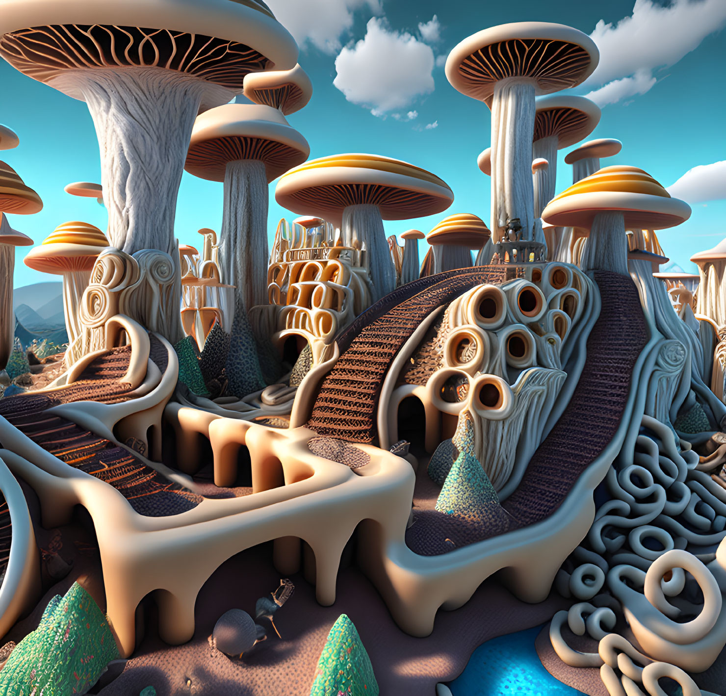 Surreal landscape with oversized mushrooms and winding pathways