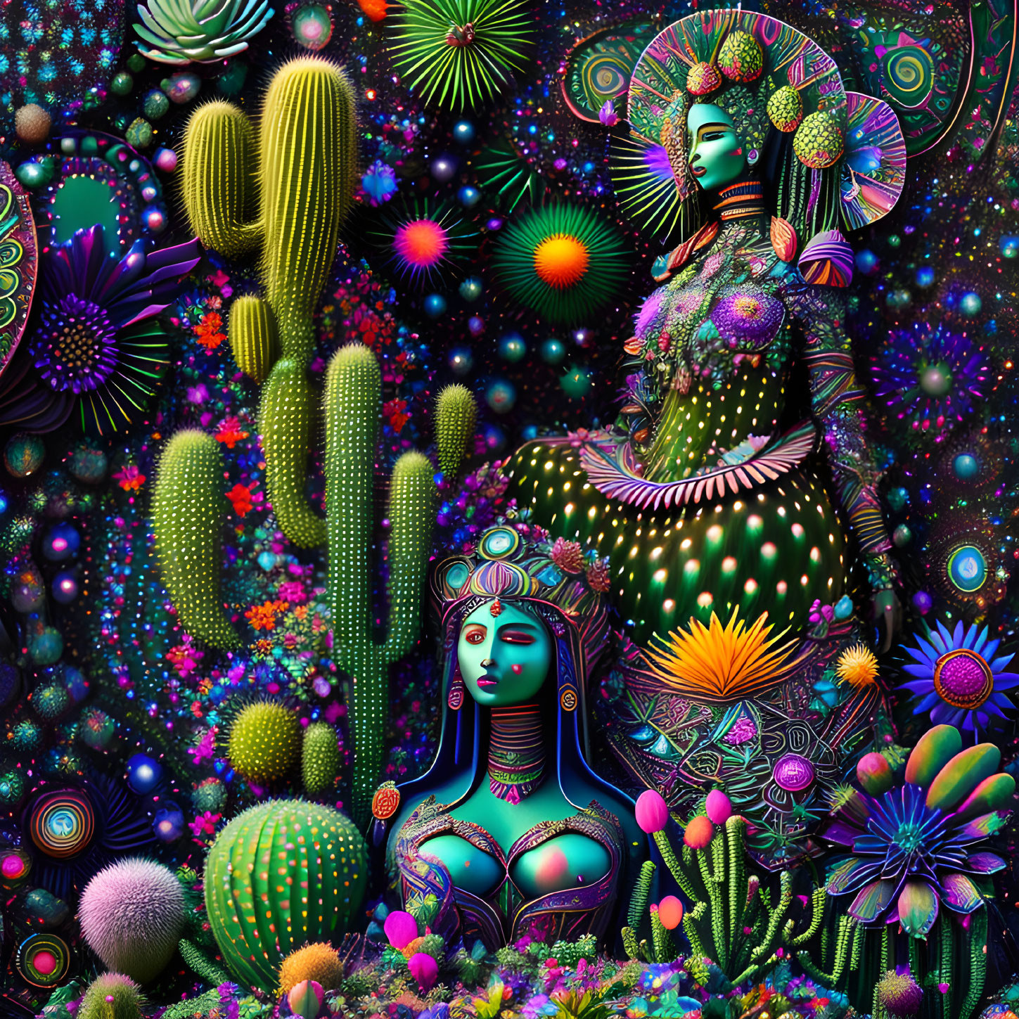 Colorful digital artwork: Stylized female figure among psychedelic cacti and intricate florals