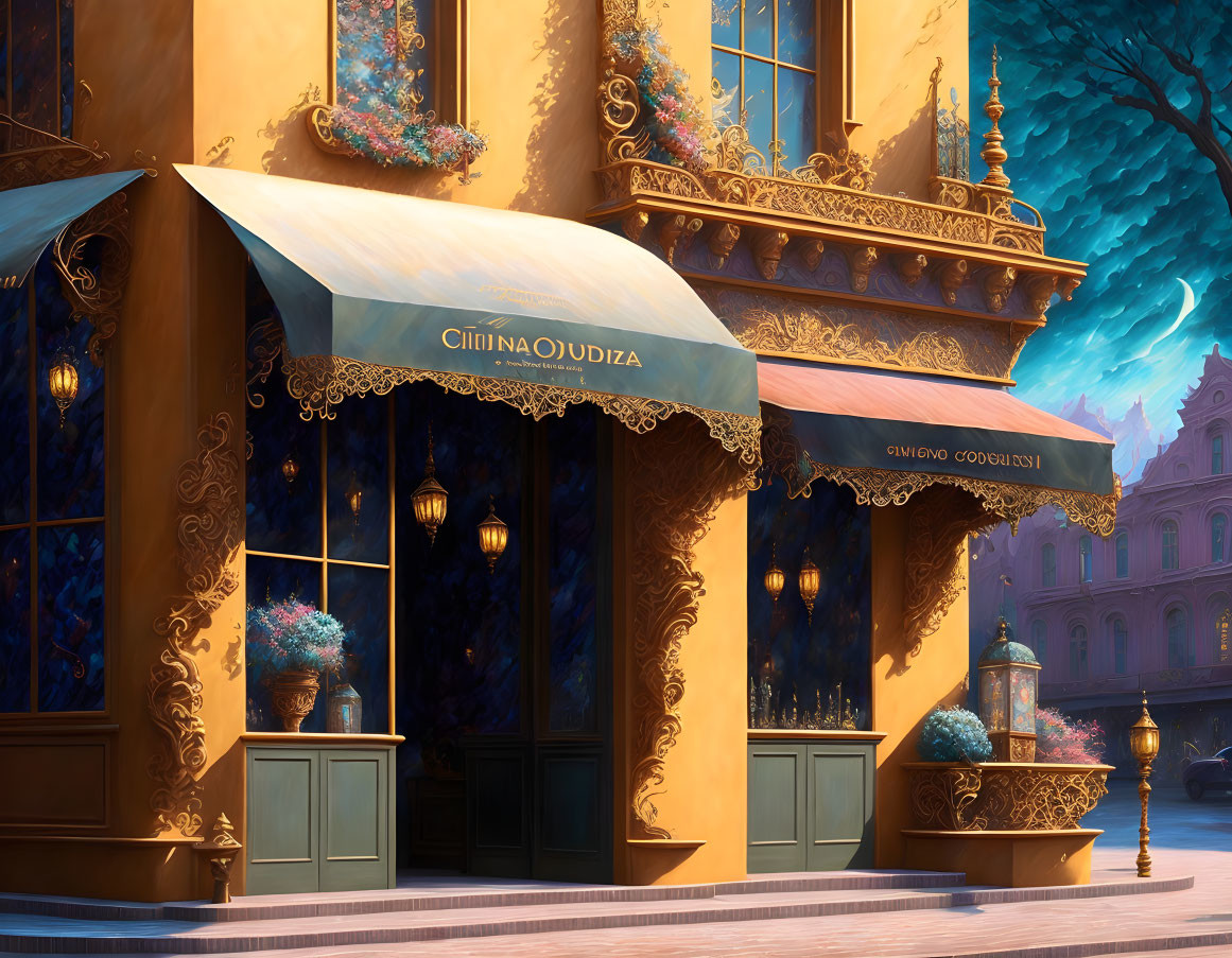 Golden building with blue accents and intricate trimmings on cobalt blue street