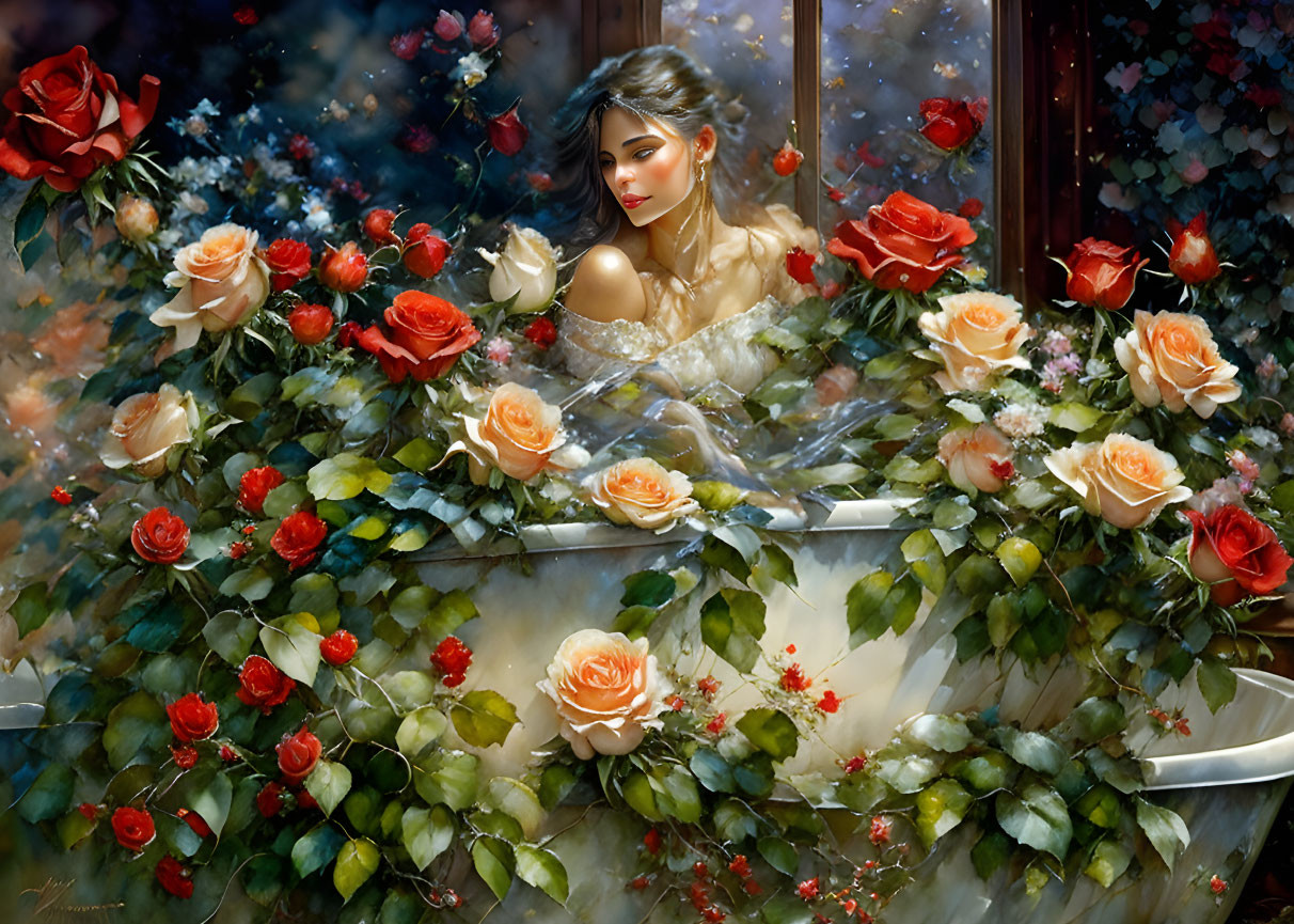 Woman surrounded by vibrant red and peach roses with falling petals