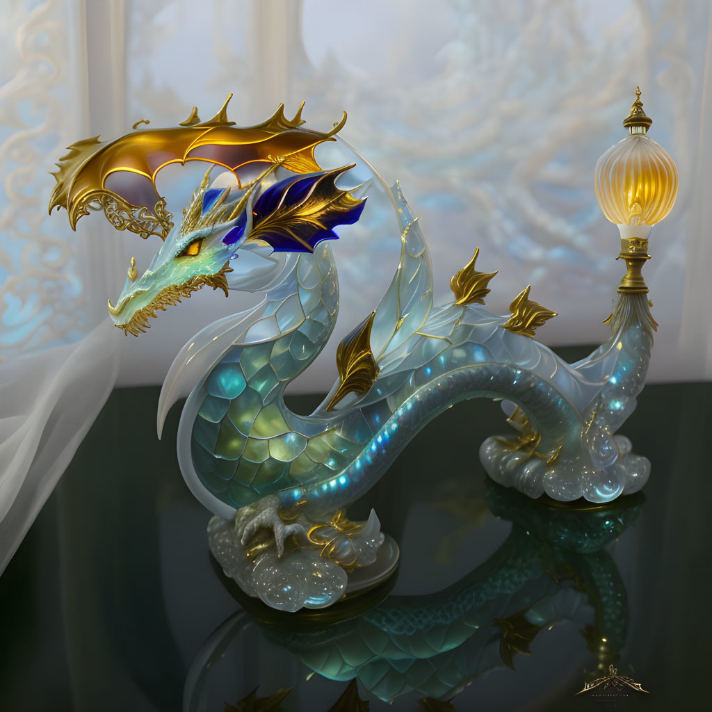 Iridescent dragon figurine with gold and blue accents beside vintage lamp