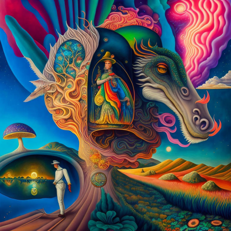 Colorful Surrealist Painting with Human, Animal, and Nature Motifs