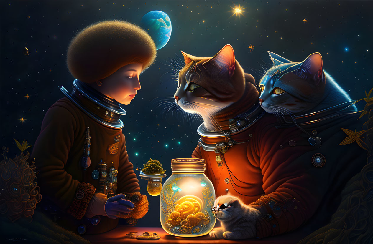 Child astronaut, cats, and galaxy in space scene.