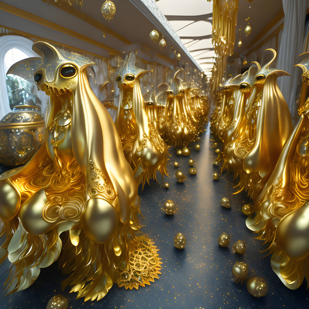 Golden masked figures in ornate, surreal hallway