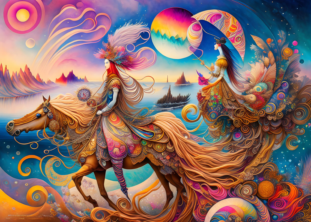 Fantastical painting of woman, peacock, and ornate horses in celestial and nautical setting