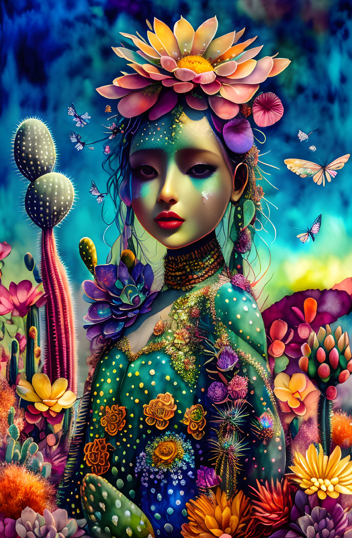 Vibrant Woman with Flowers and Butterflies in Lush Setting