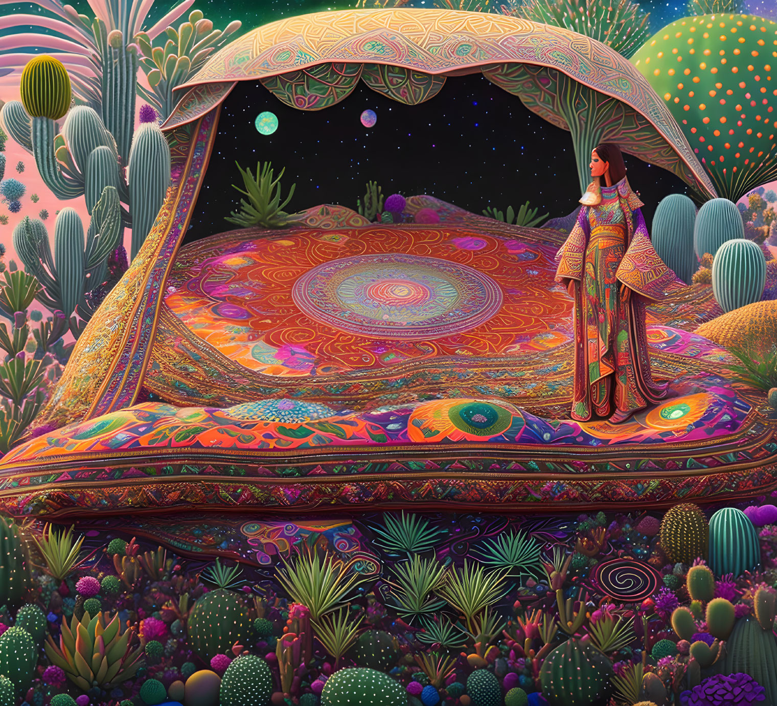 Colorfully dressed woman in vibrant desert landscape with starry sky and intricate foliage.