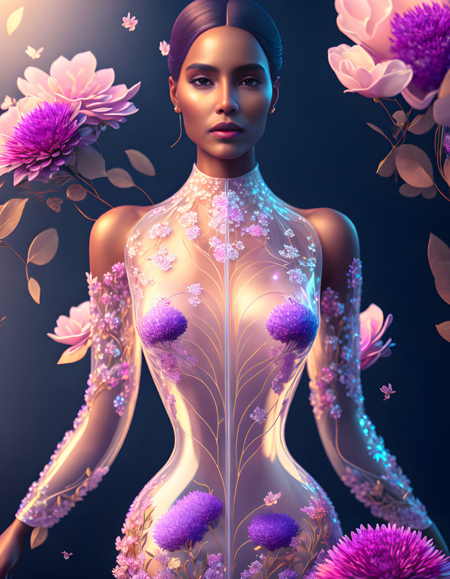 Vibrant 3D illustration of a woman in floral bodysuit among pink and purple flowers