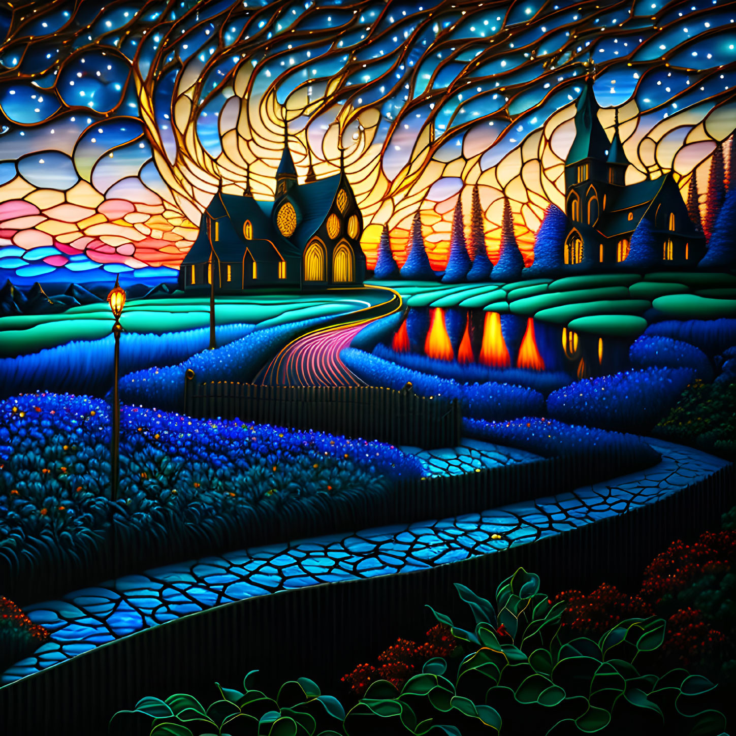 Colorful stained-glass style artwork of fantastical landscape with illuminated buildings, stylized trees, river