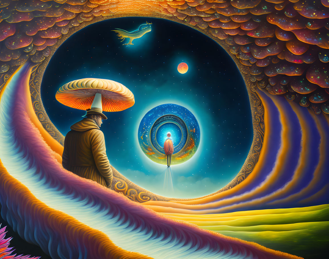 Surreal painting: Person under large mushroom gazes at cosmic portal