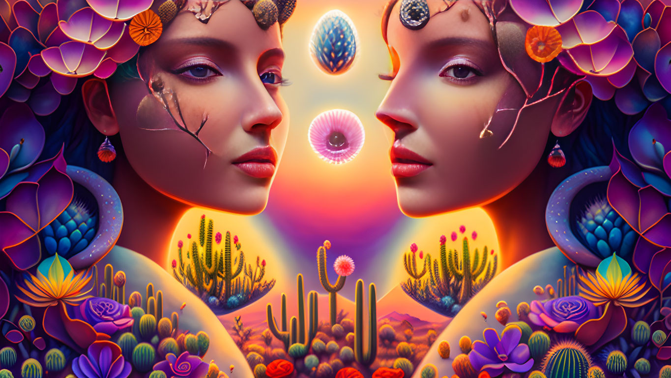 Symmetrical digital art: mirrored women's faces with colorful flowers, cacti, and desert sunset