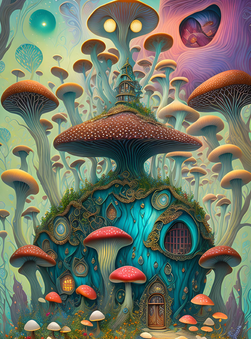 Detailed Fantasy Mushroom House Illustration with Colorful Surroundings