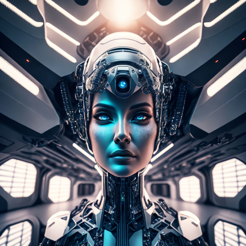 Detailed Cybernetic Female Android in Futuristic Setting