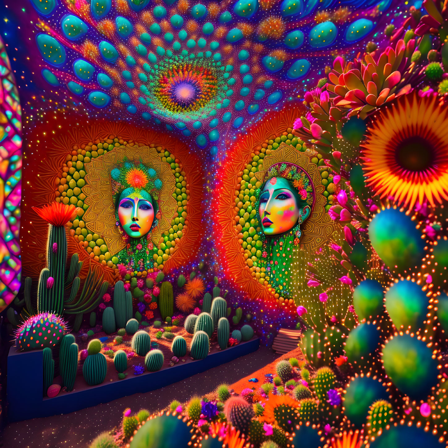 Colorful Psychedelic Room with Faces, Cacti, and Kaleidoscope Patterns