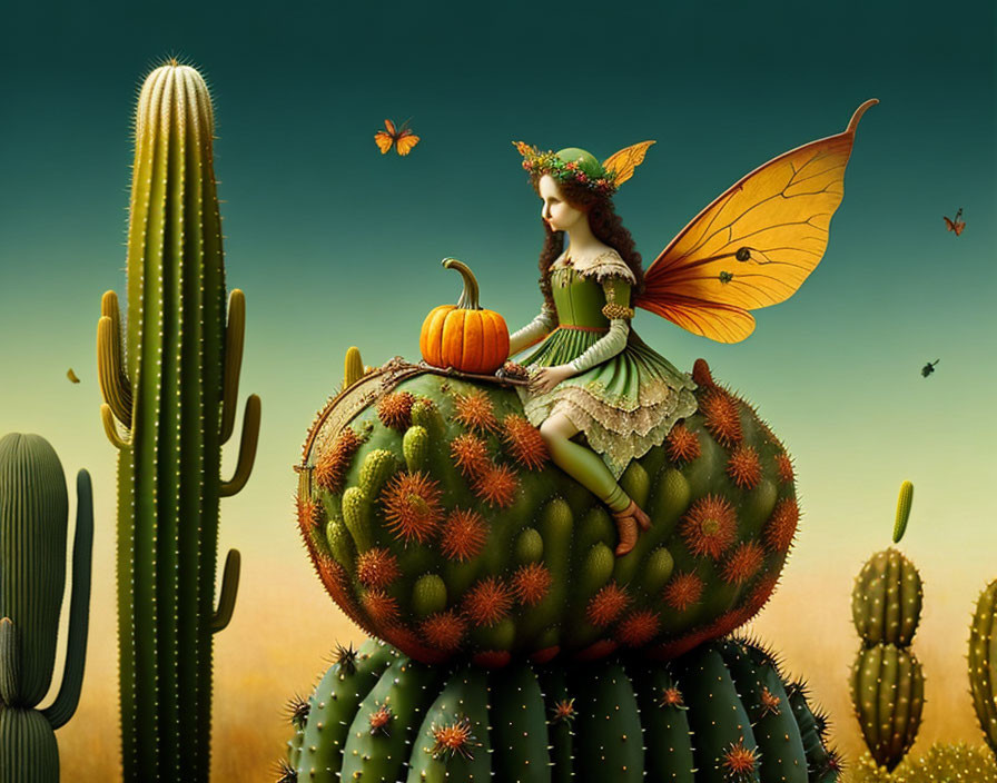 Woman with fairy wings on giant cactus in surreal desert scene