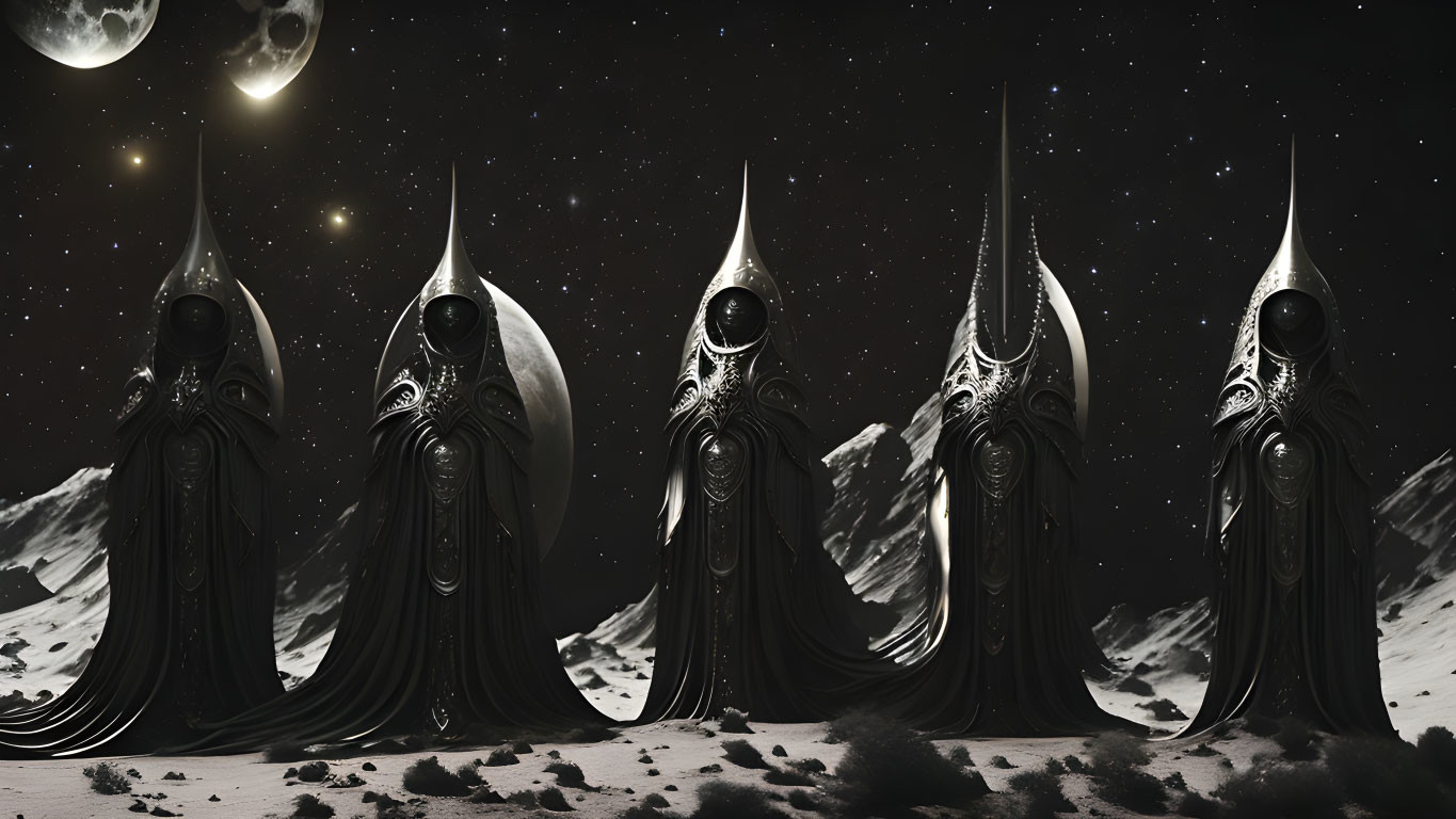 Five statuesque figures with elongated hoods and ornate designs under a starry sky on a