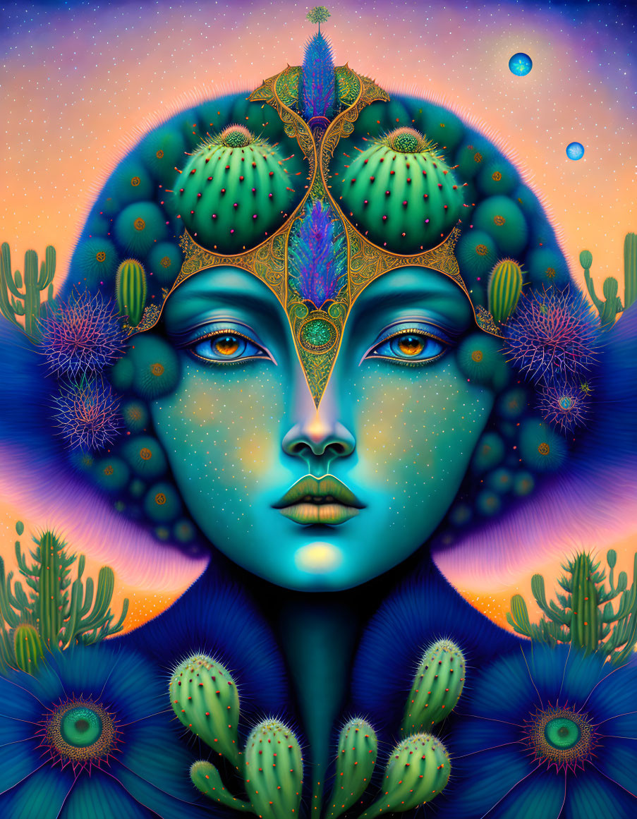 Symmetrical female face with blue skin, cacti, cosmic motifs, and peacock feathers