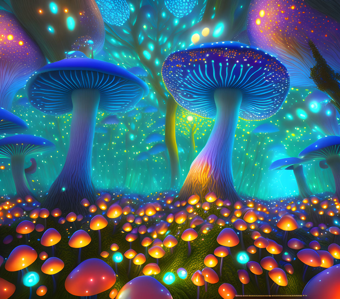 Luminous enchanted forest with oversized glowing mushrooms