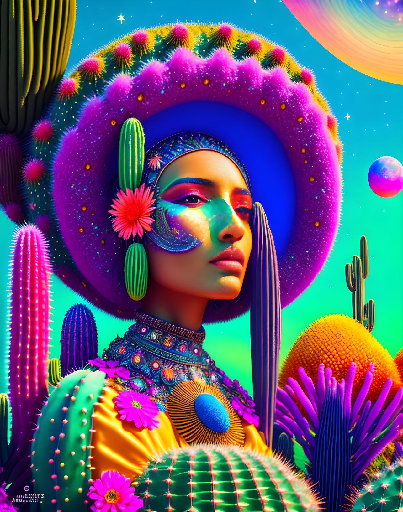 Colorful digital art featuring person with cactus motifs in surreal desert landscape