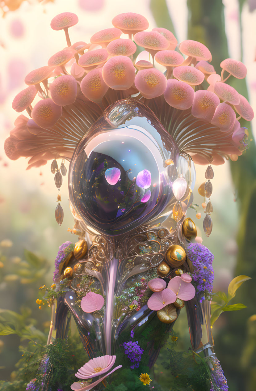 Ornate robot with flowers and mushrooms in sunlit forest