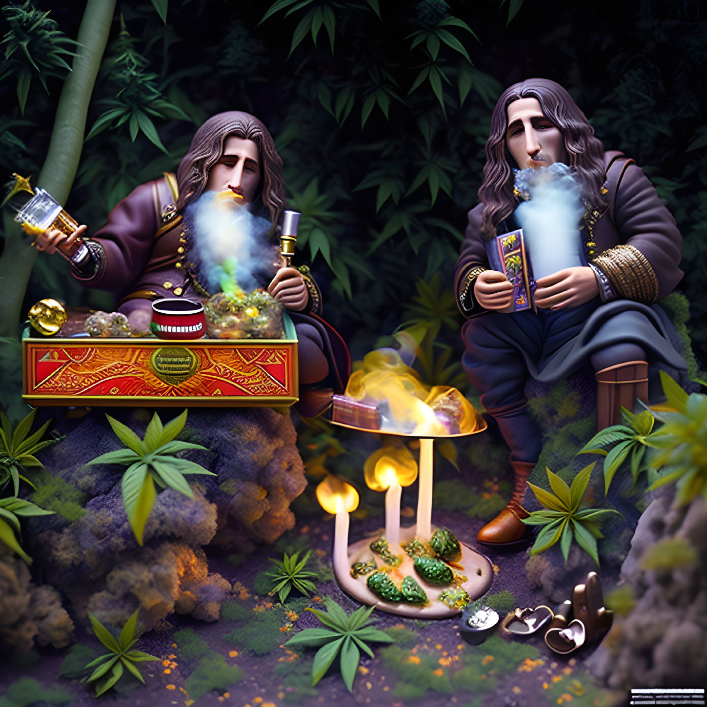 Illustrated fantasy alchemists in lush setting with potion ingredients and gold coins.